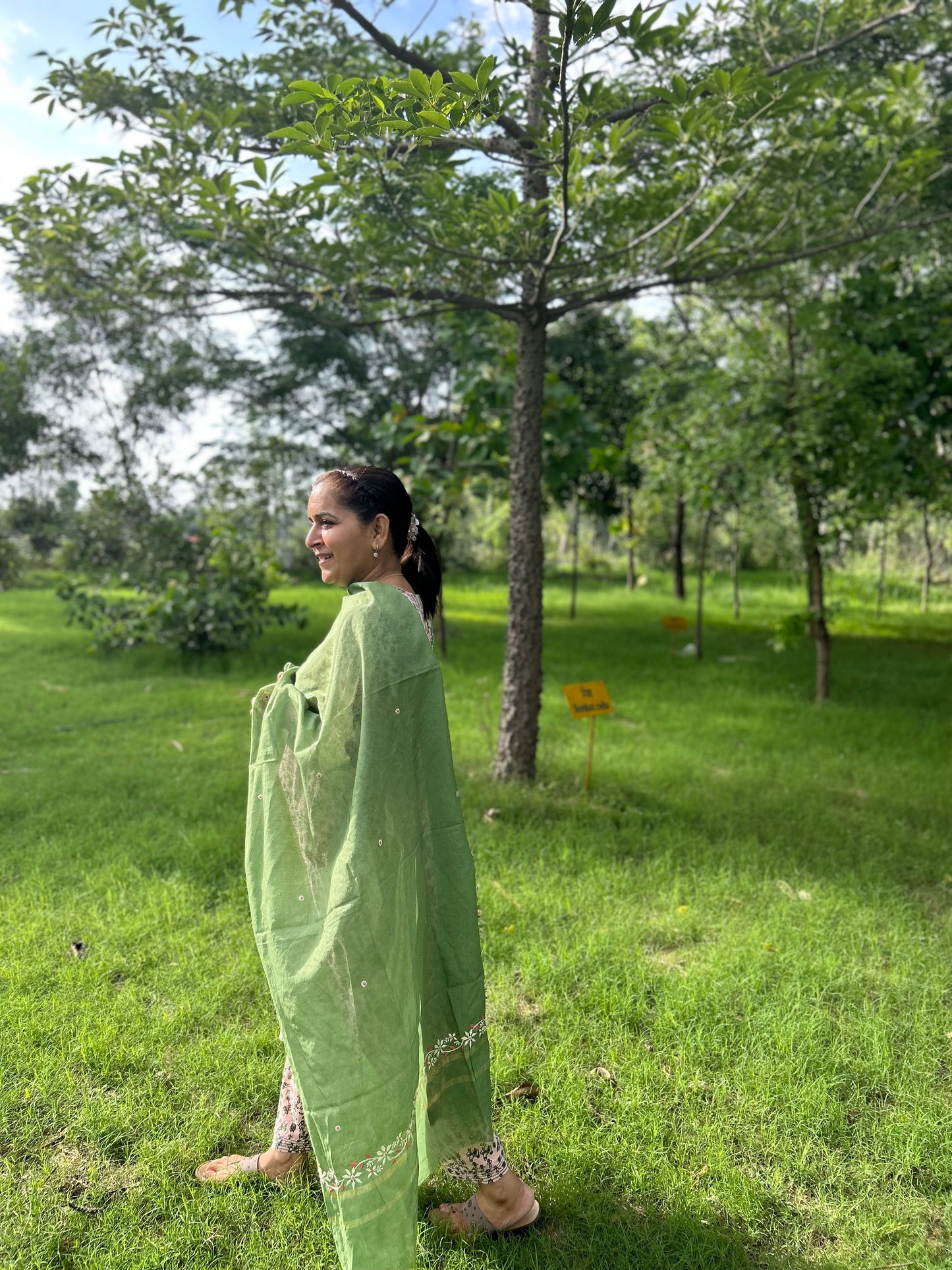 Green Chanderi Chikankari Dupatta