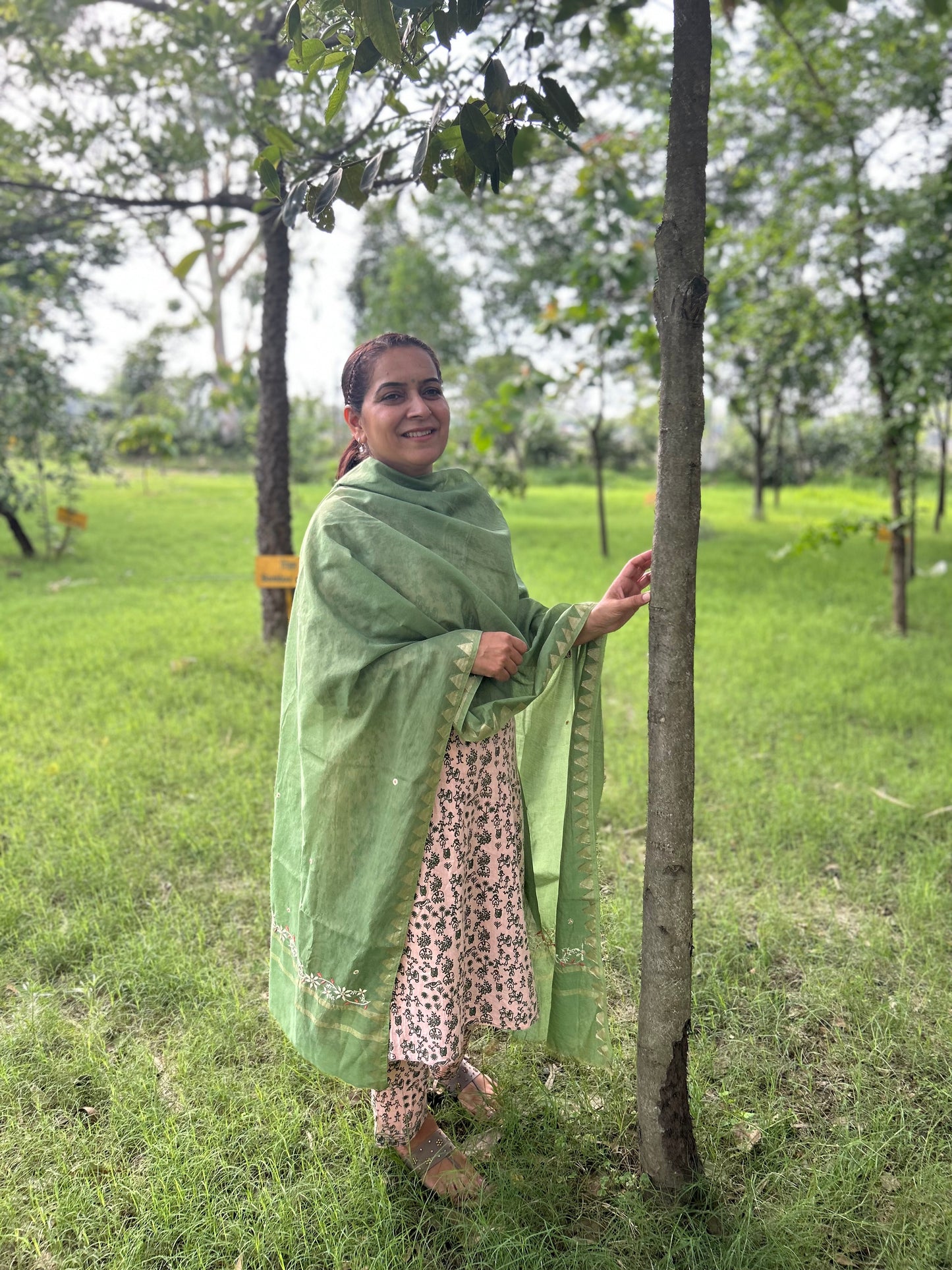 Green Chanderi Chikankari Dupatta