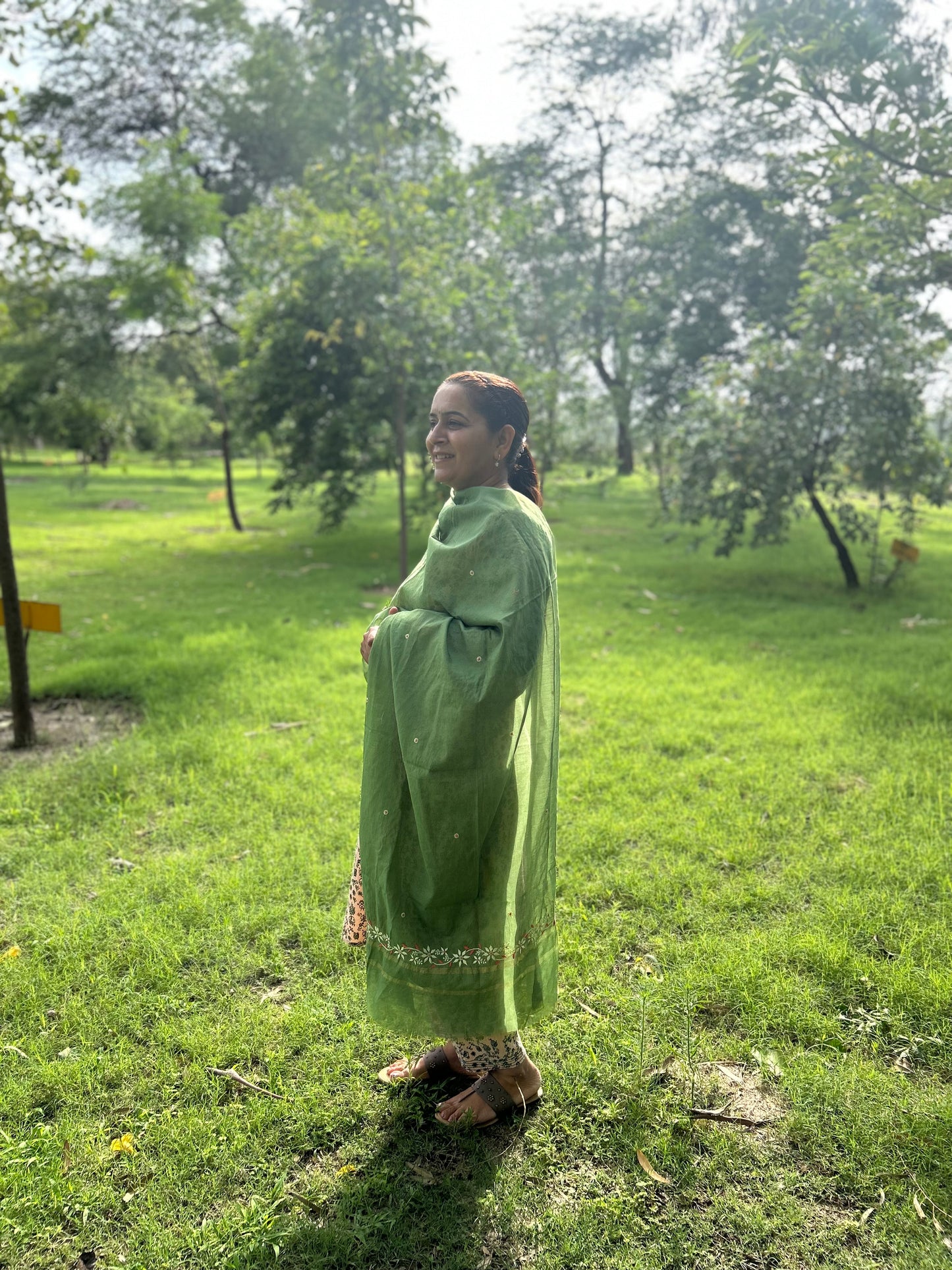 Green Chanderi Chikankari Dupatta