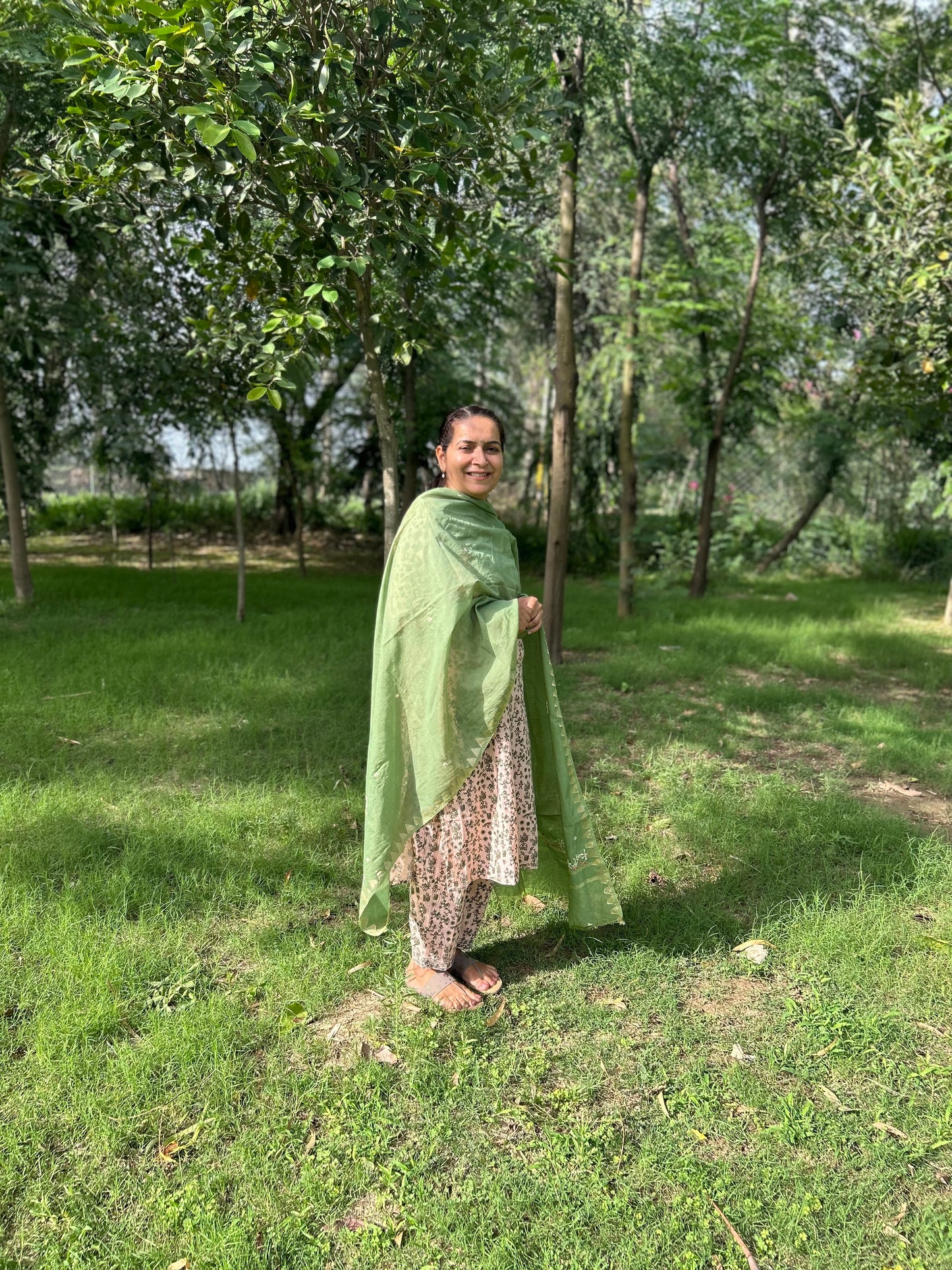 Green Chanderi Chikankari Dupatta