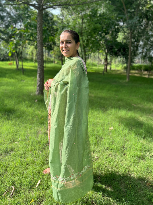 Green Chanderi Chikankari Dupatta