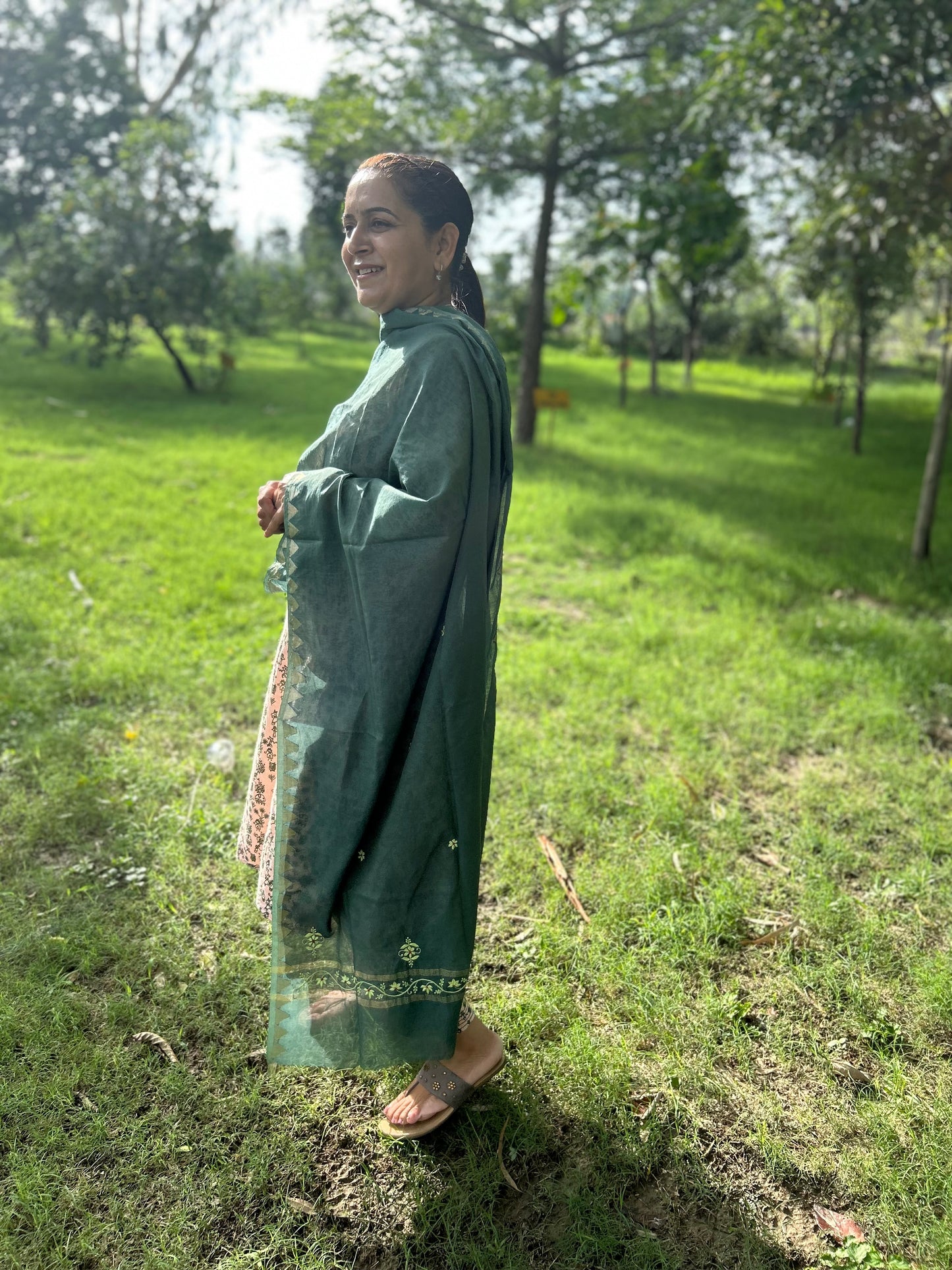 Green Chanderi Chikankari Dupatta