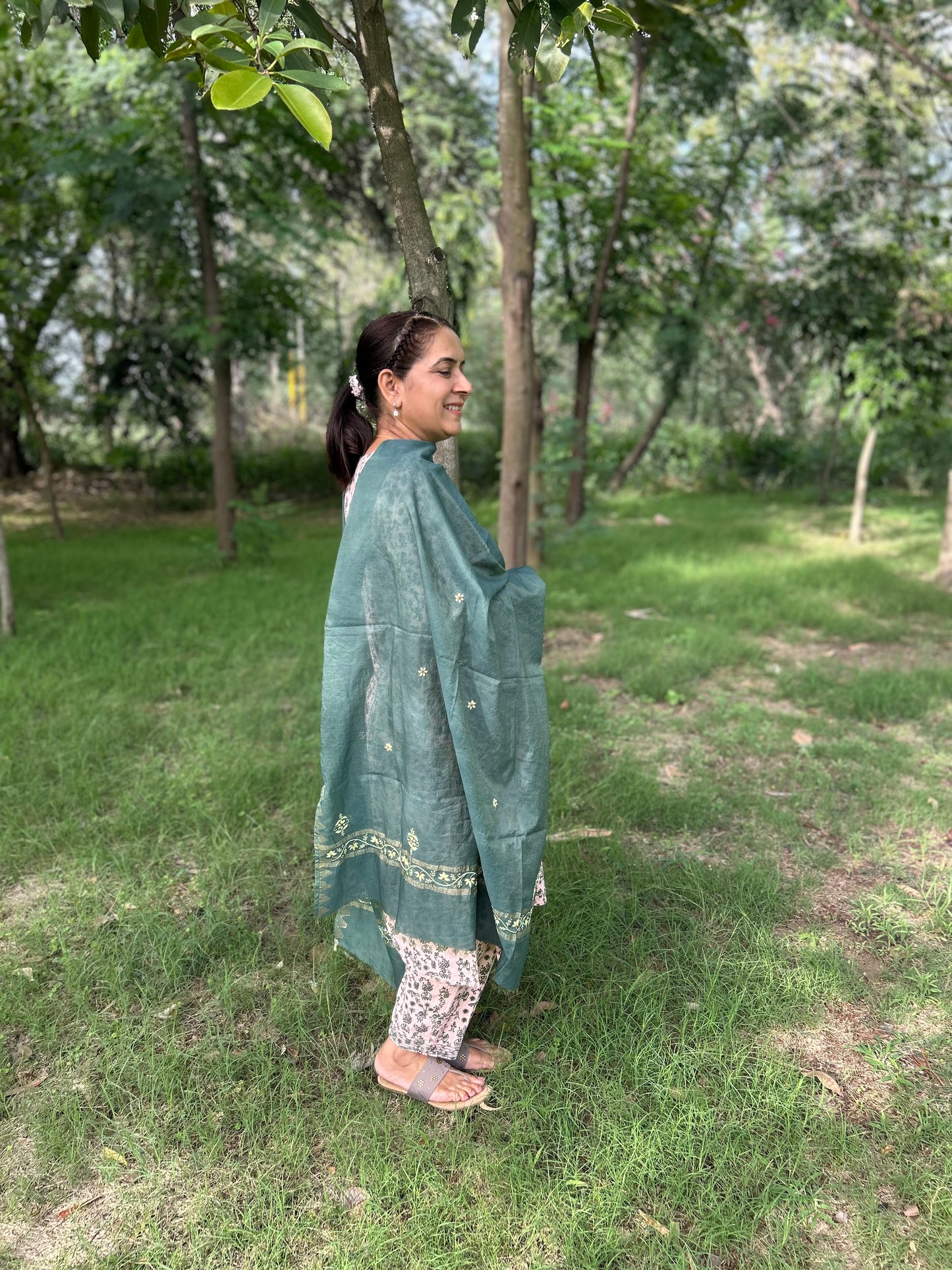 Green Chanderi Chikankari Dupatta