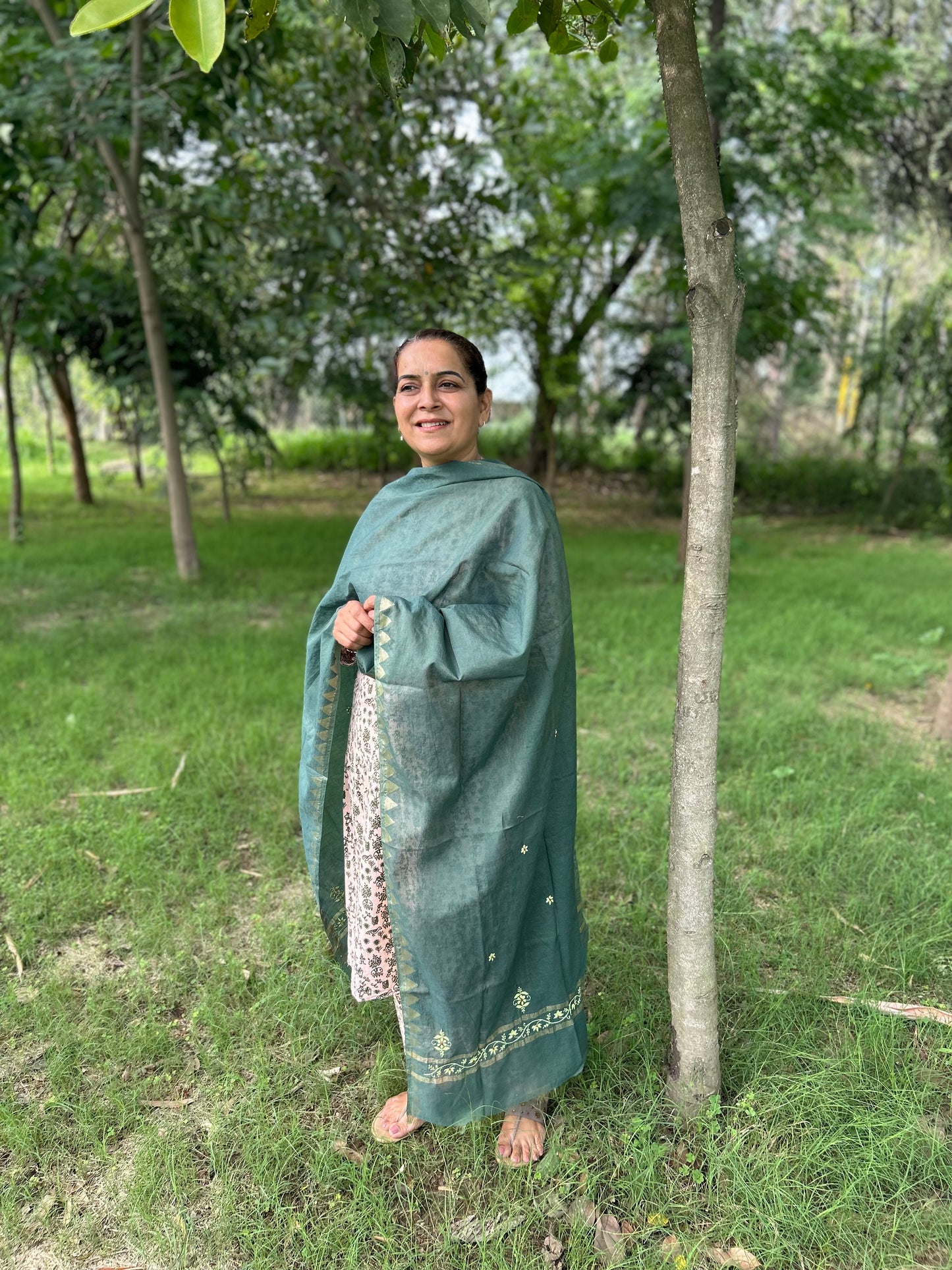 Green Chanderi Chikankari Dupatta