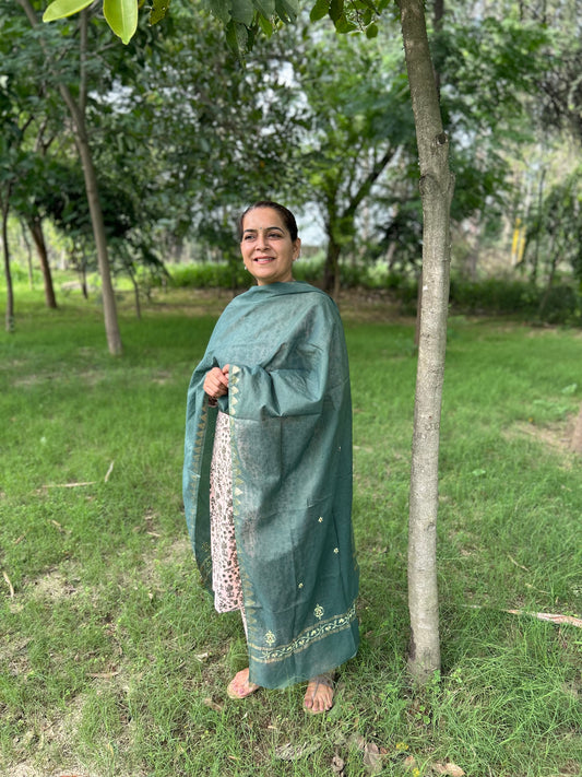 Green Chanderi Chikankari Dupatta