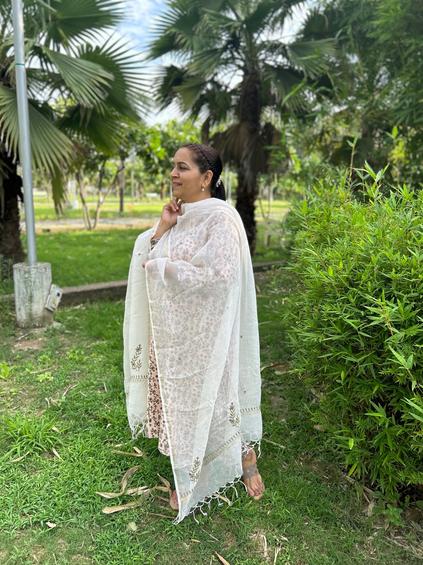 Off White Kota Doria Chikankari Dupatta