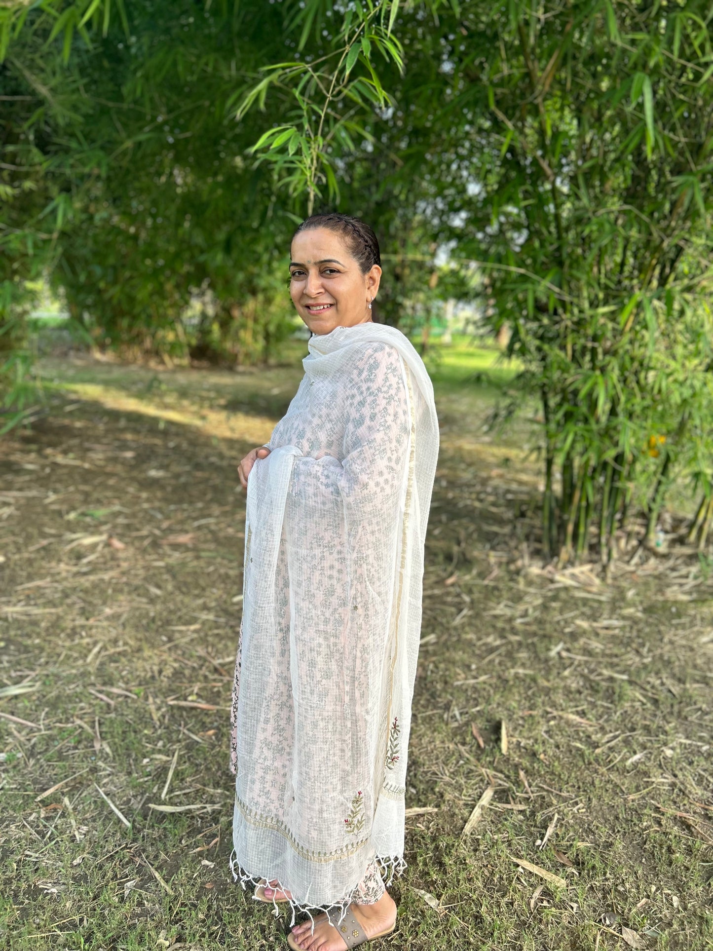 Off White Kota Doria Chikankari Dupatta