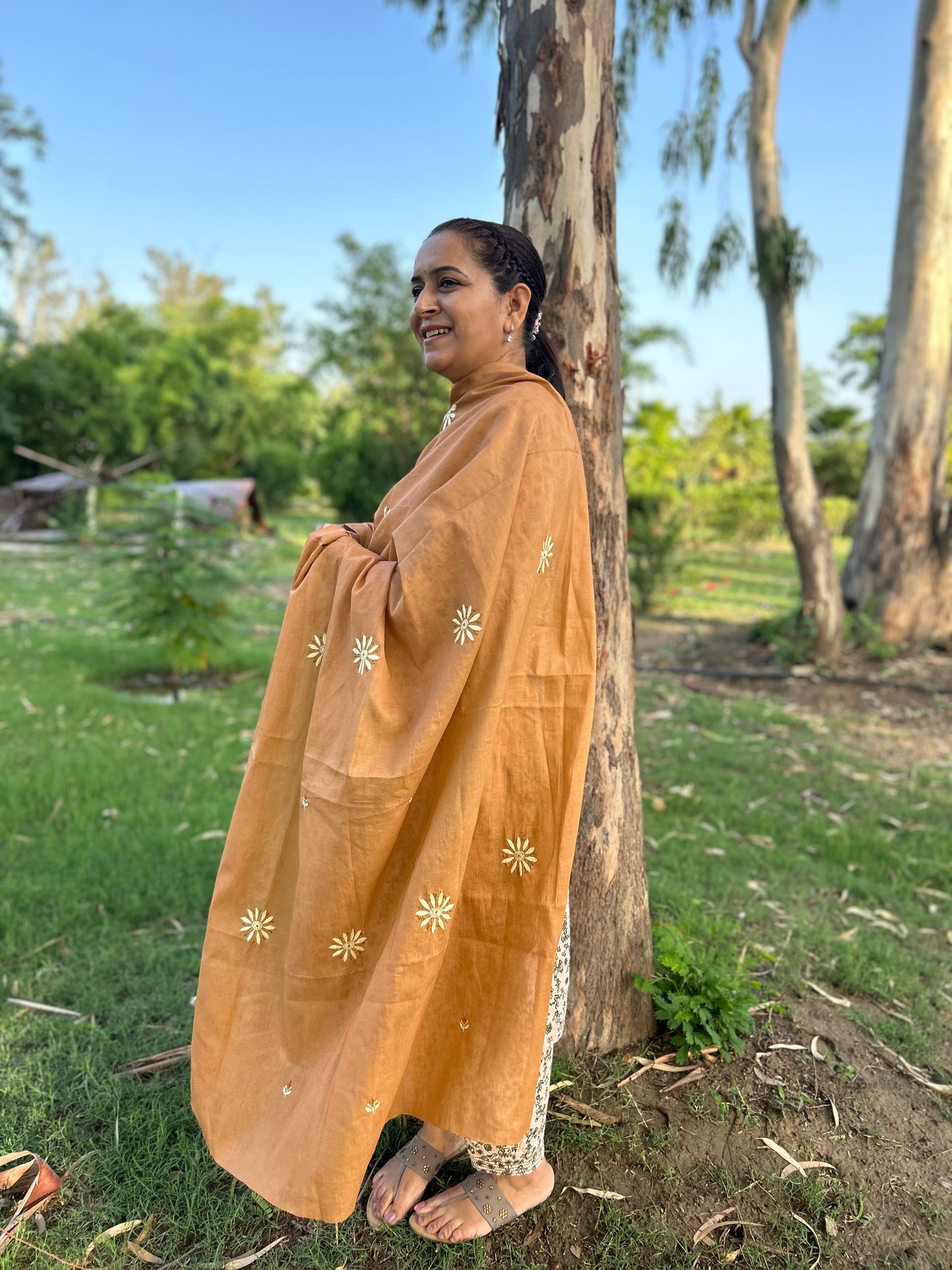 Light Brown Cotton Voile Chikankari Dupatta