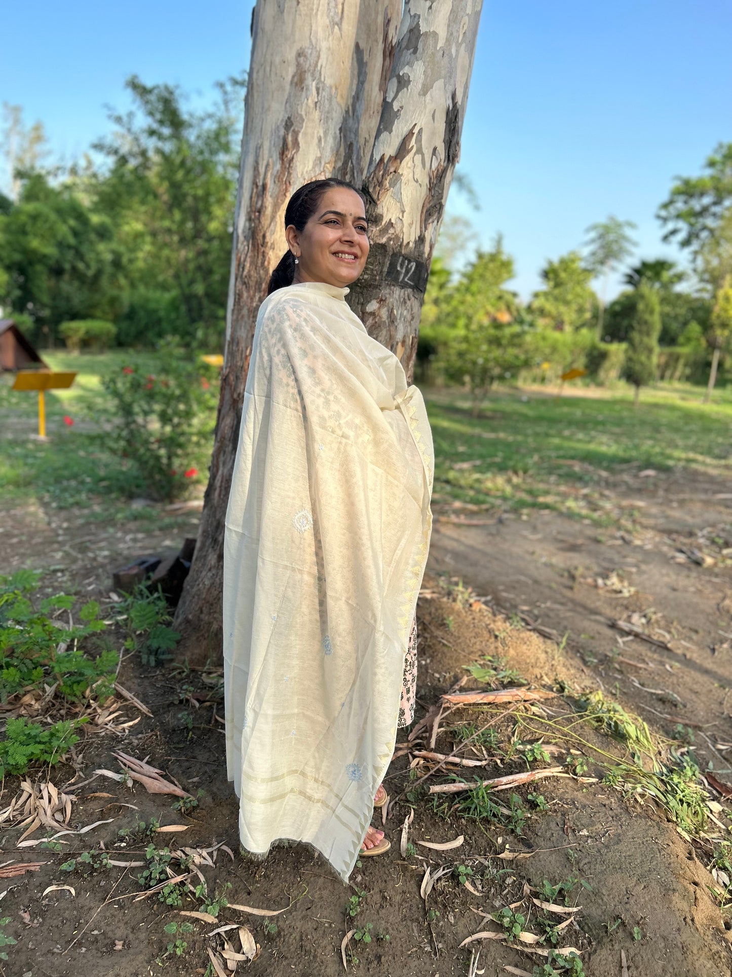 Off White Chanderi Chikankari Dupatta