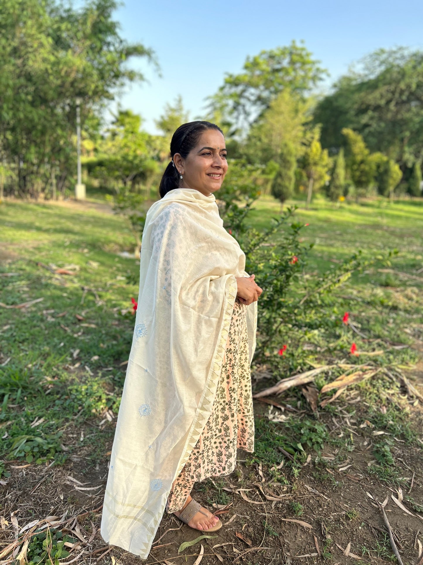 Off White Chanderi Chikankari Dupatta