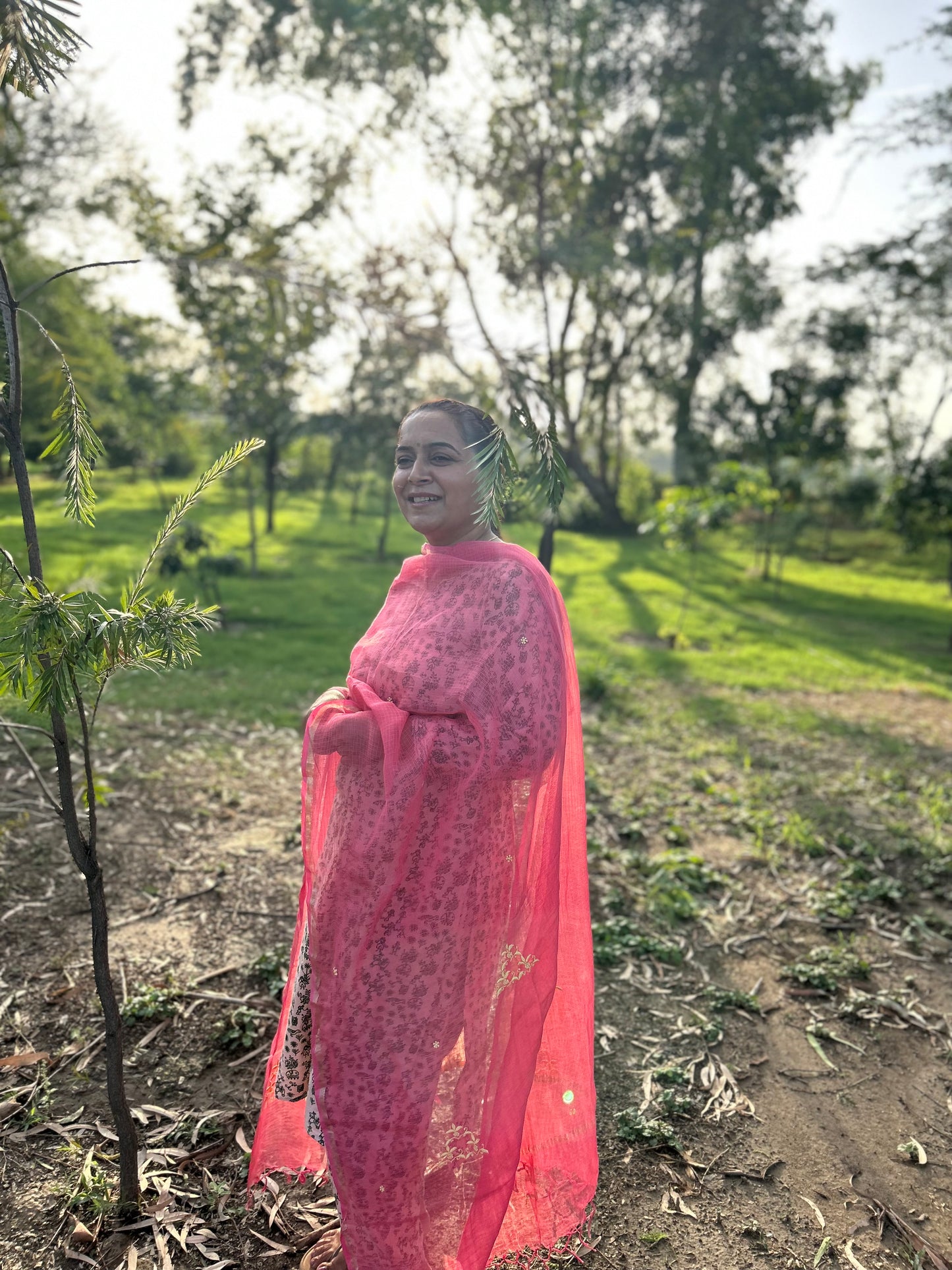 Pink Kota Doria Chikankari Dupatta