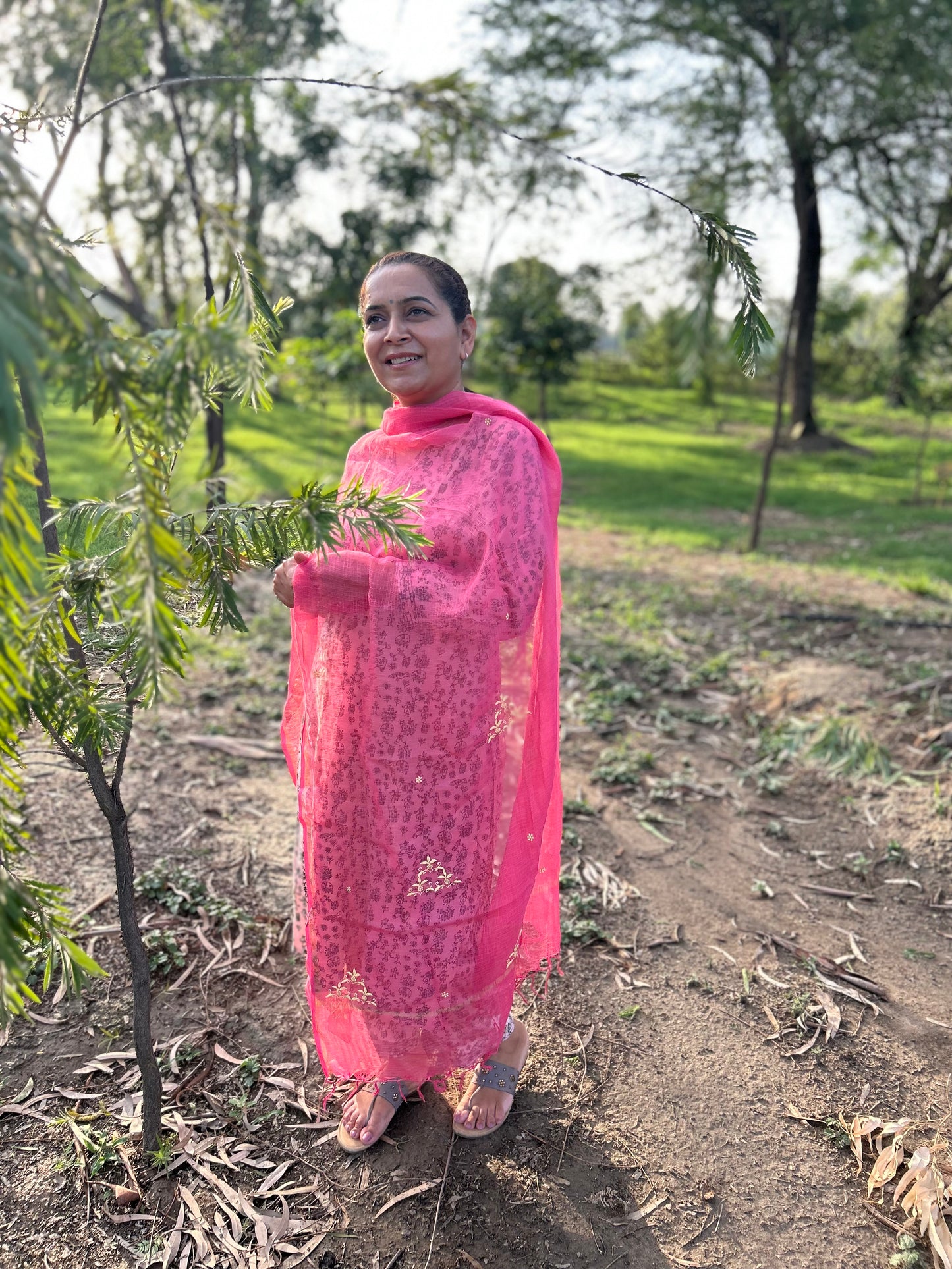 Pink Kota Doria Chikankari Dupatta