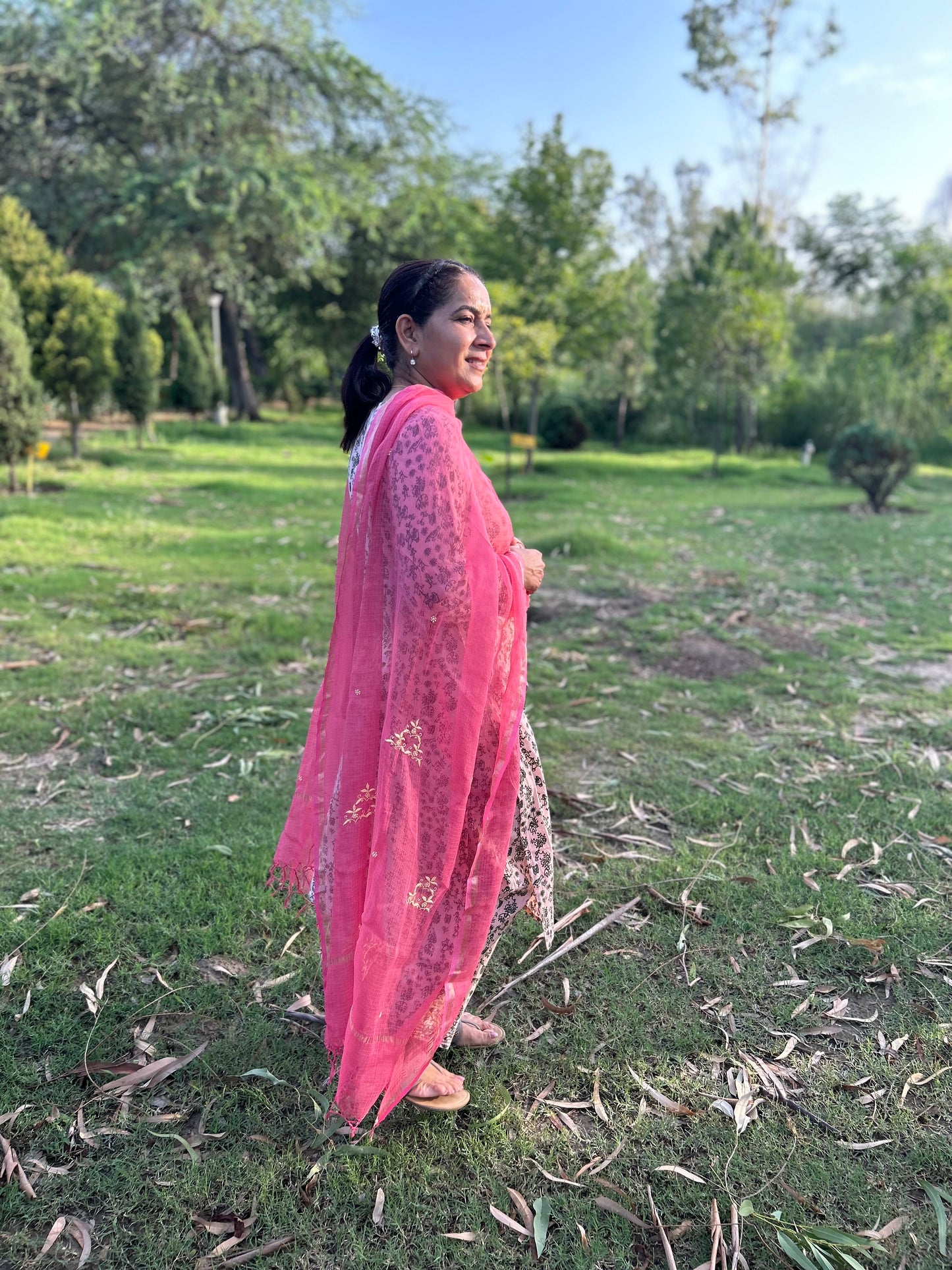 Pink Kota Doria Chikankari Dupatta