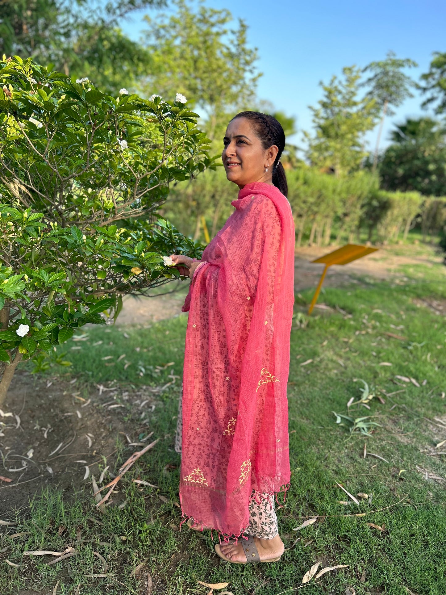 Pink Kota Doria Chikankari Dupatta