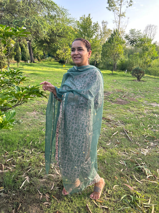 Green Kota Doria Chikankari Dupatta