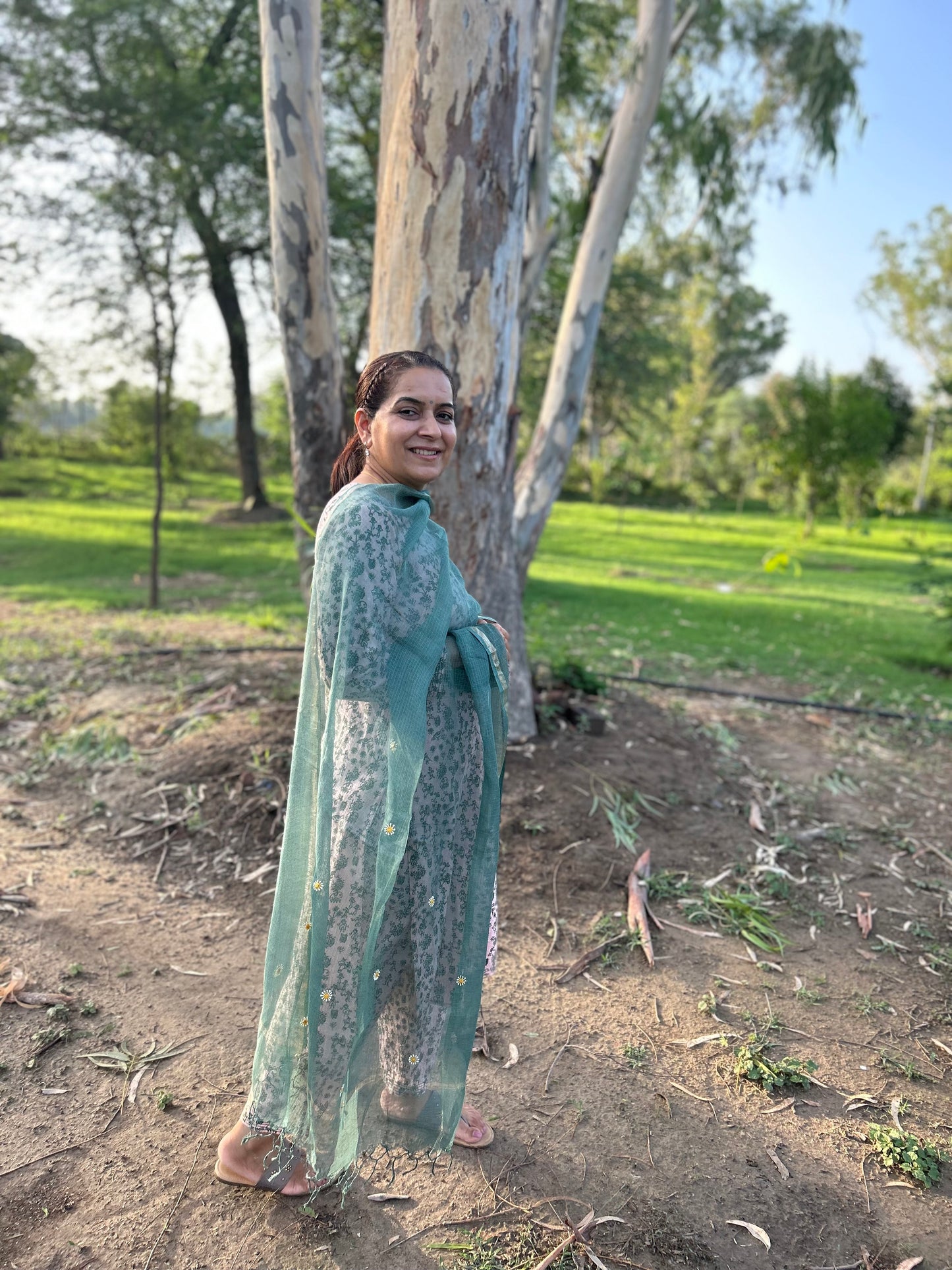 Green Kota Doria Chikankari Dupatta