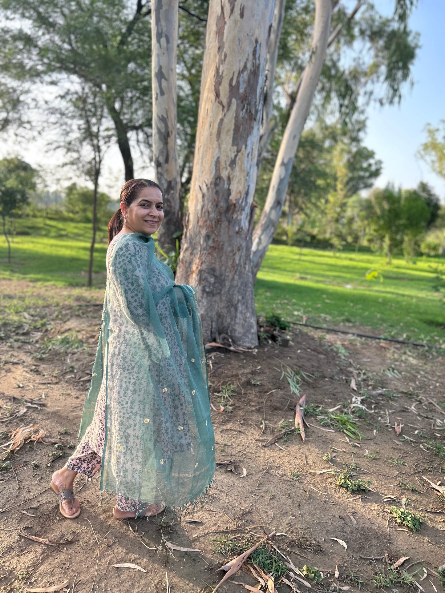 Green Kota Doria Chikankari Dupatta