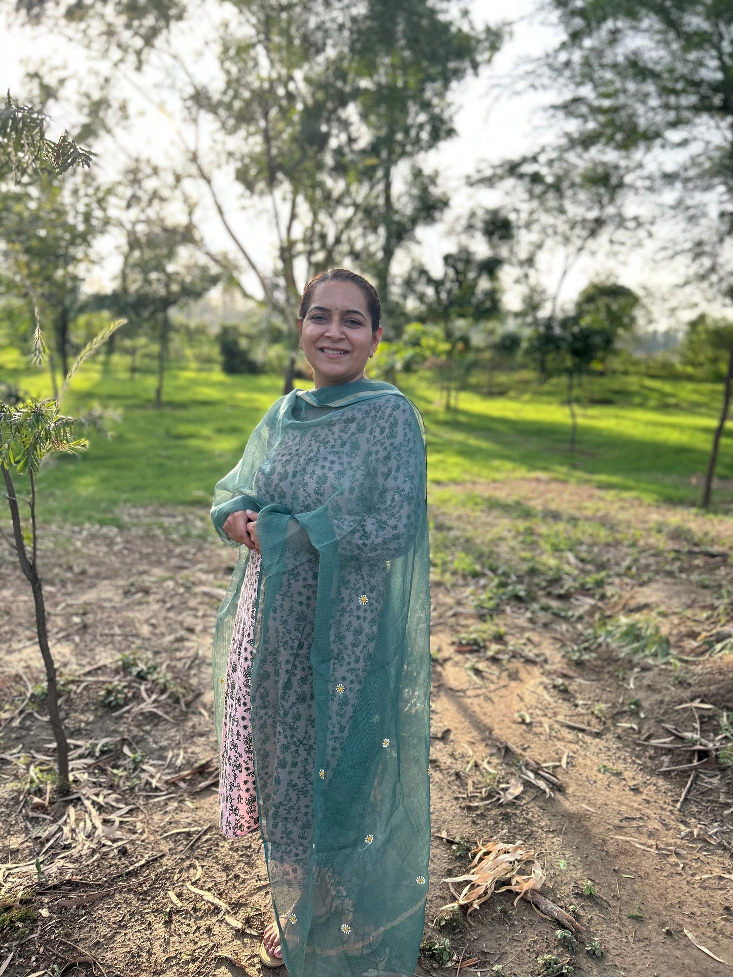 Green Kota Doria Chikankari Dupatta