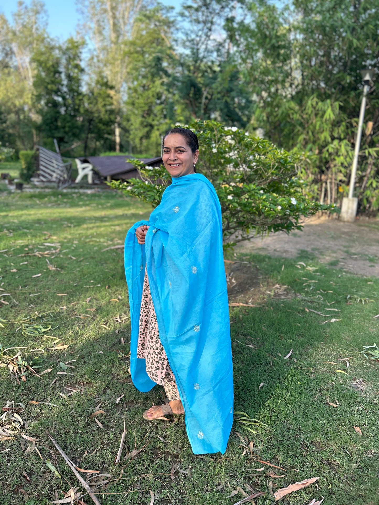 Blue Cotton Chikankari Dupatta