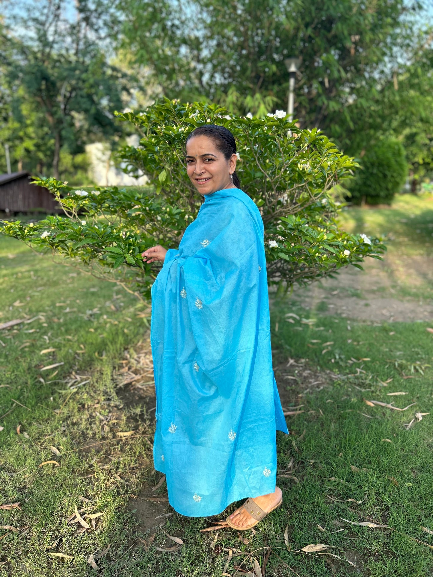 Blue Cotton Chikankari Dupatta
