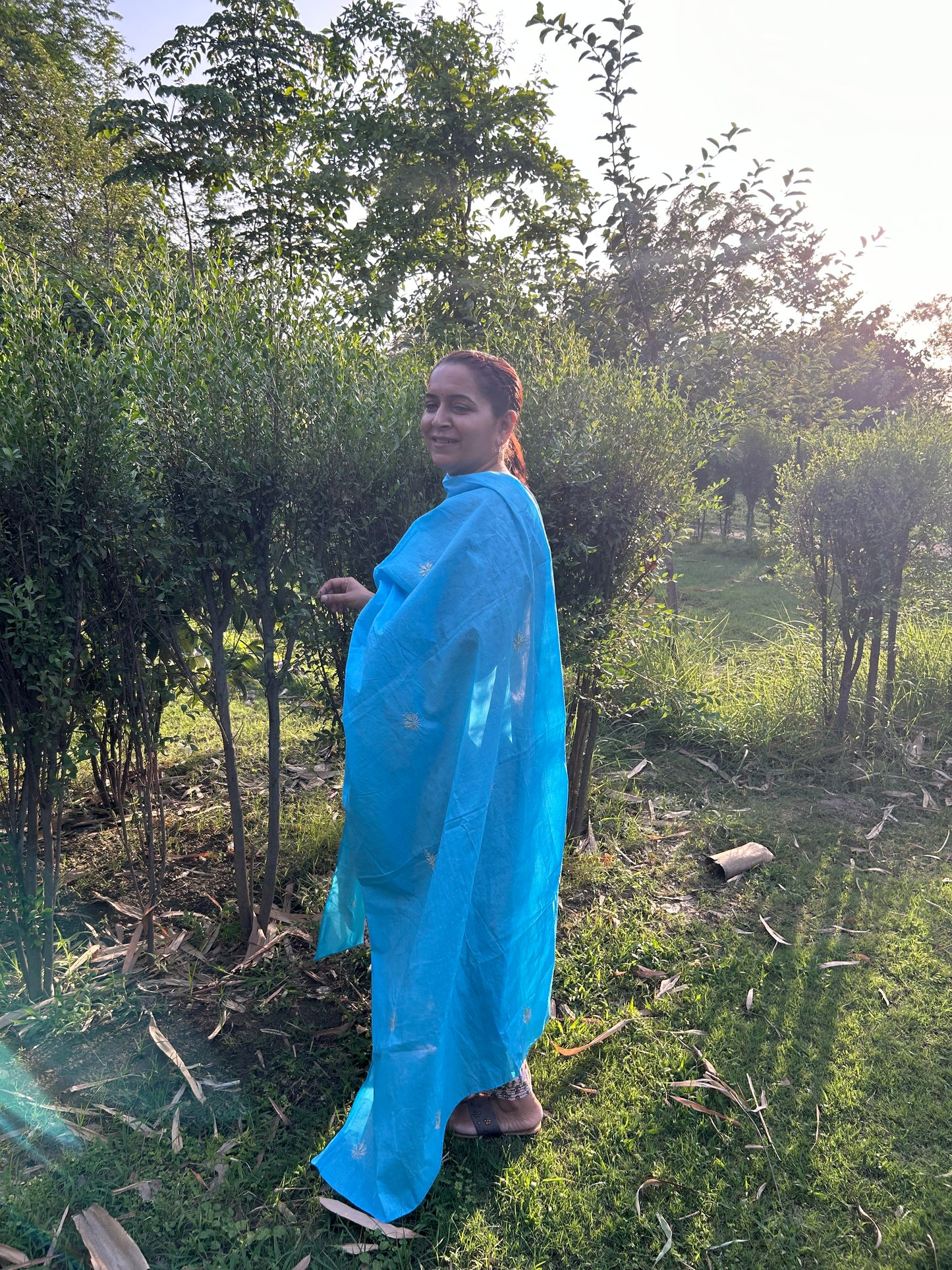 Blue Cotton Chikankari Dupatta