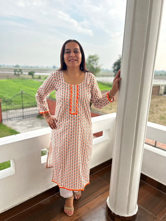 Orange Block Printed Kurta