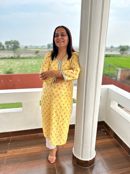 Yellow Block Printed Kurta