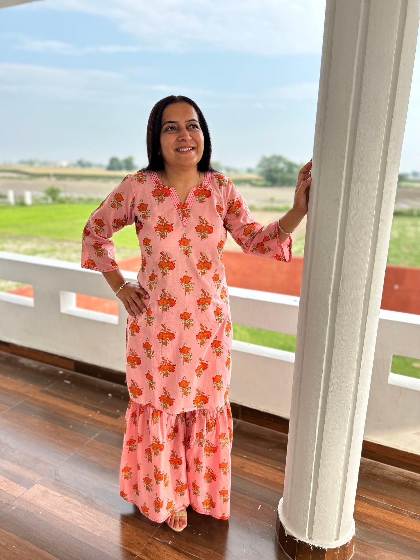 Peach Cotton Printed Sharara Set