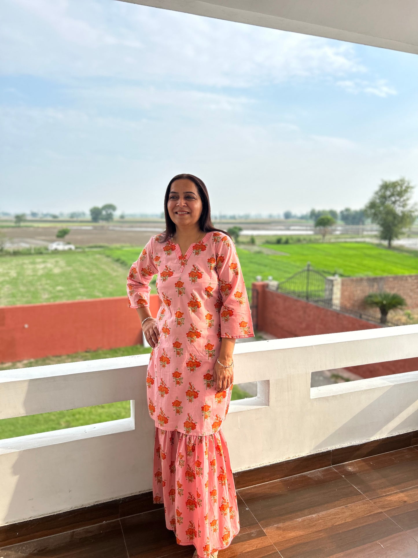 Peach Cotton Printed Sharara Set