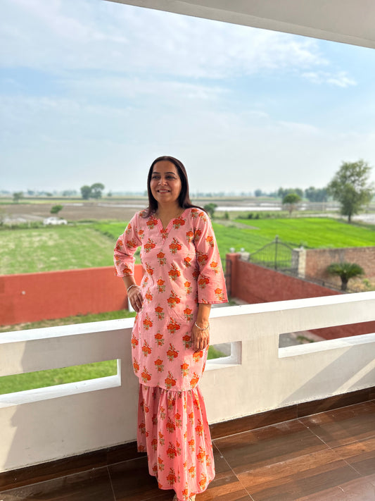 Peach Cotton Printed Sharara Set