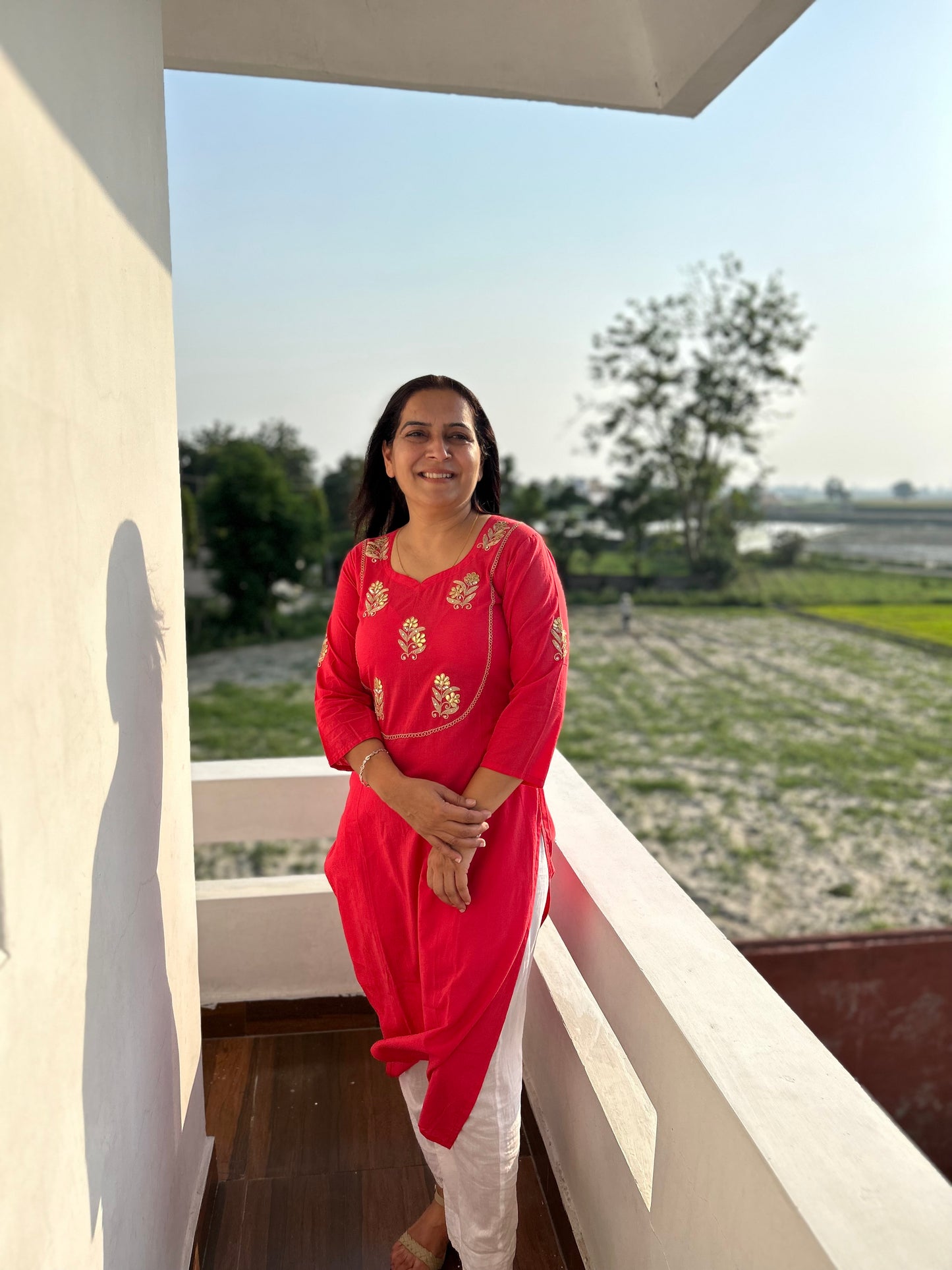 Red Cotton Gota Patti Embroidered Kurta