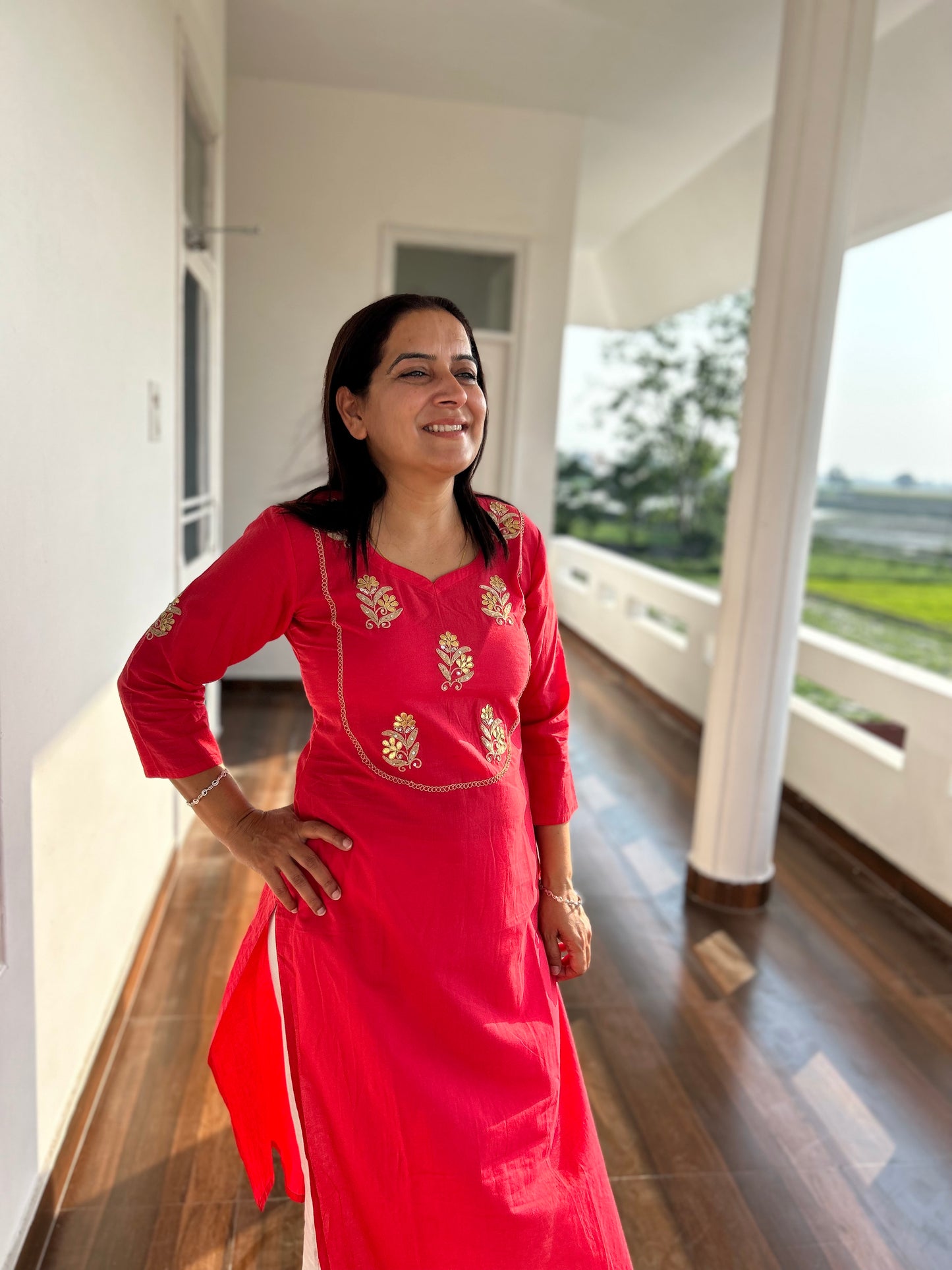 Red Cotton Gota Patti Embroidered Kurta