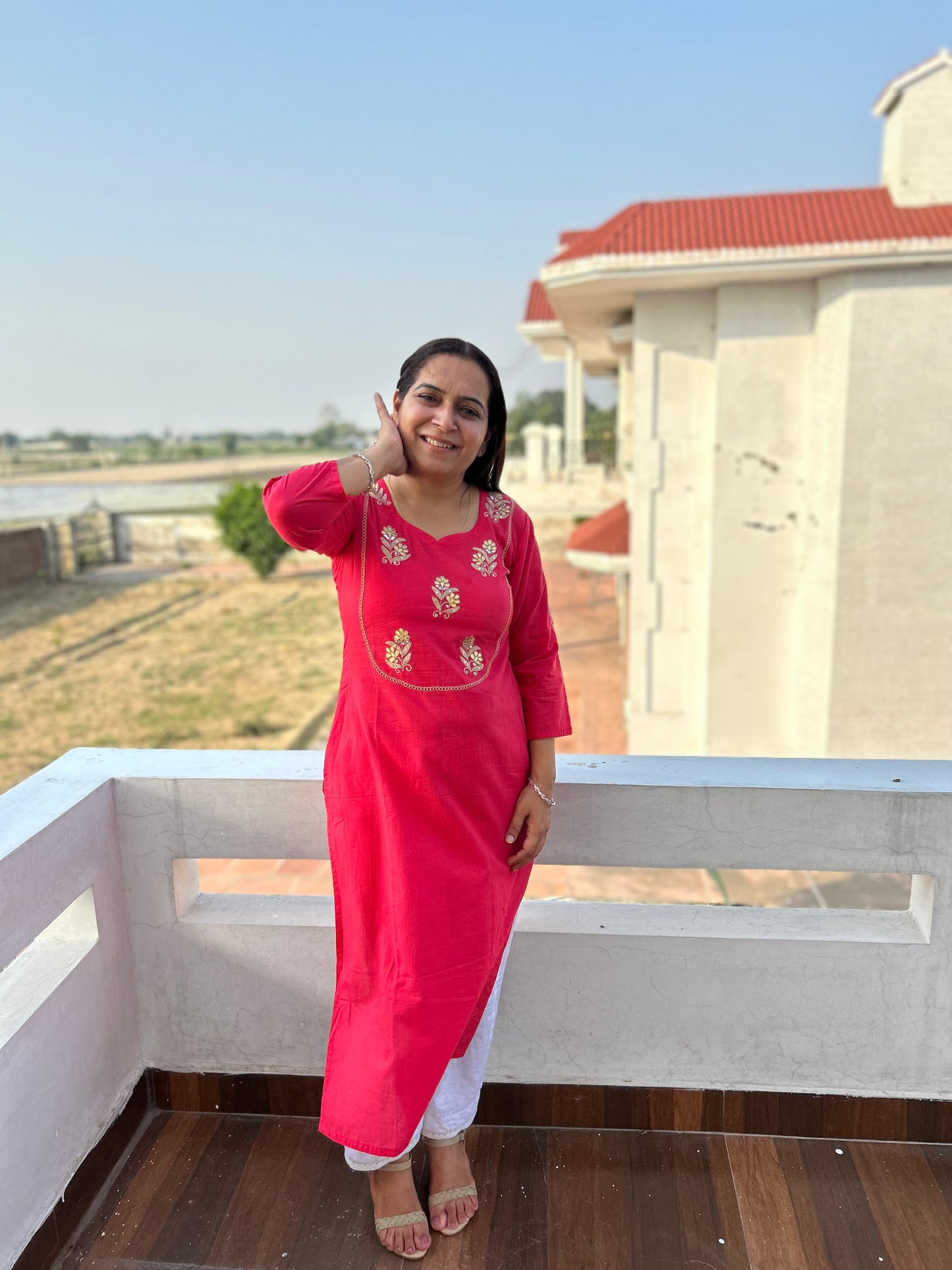 Red Cotton Gota Patti Embroidered Kurta