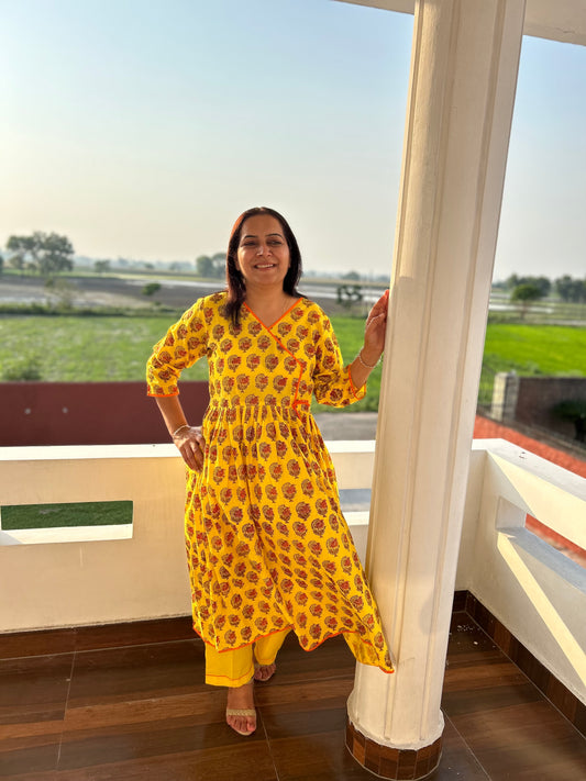Yellow Block Printed Kurta Set