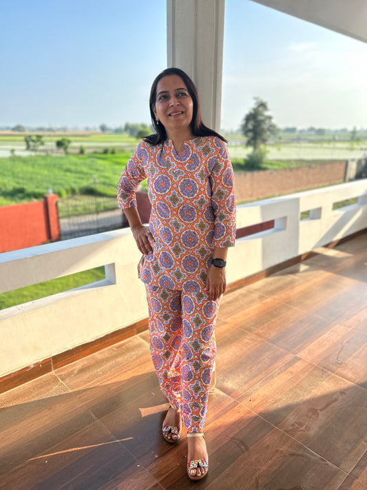 Multi Colored Block Printed Night Suit