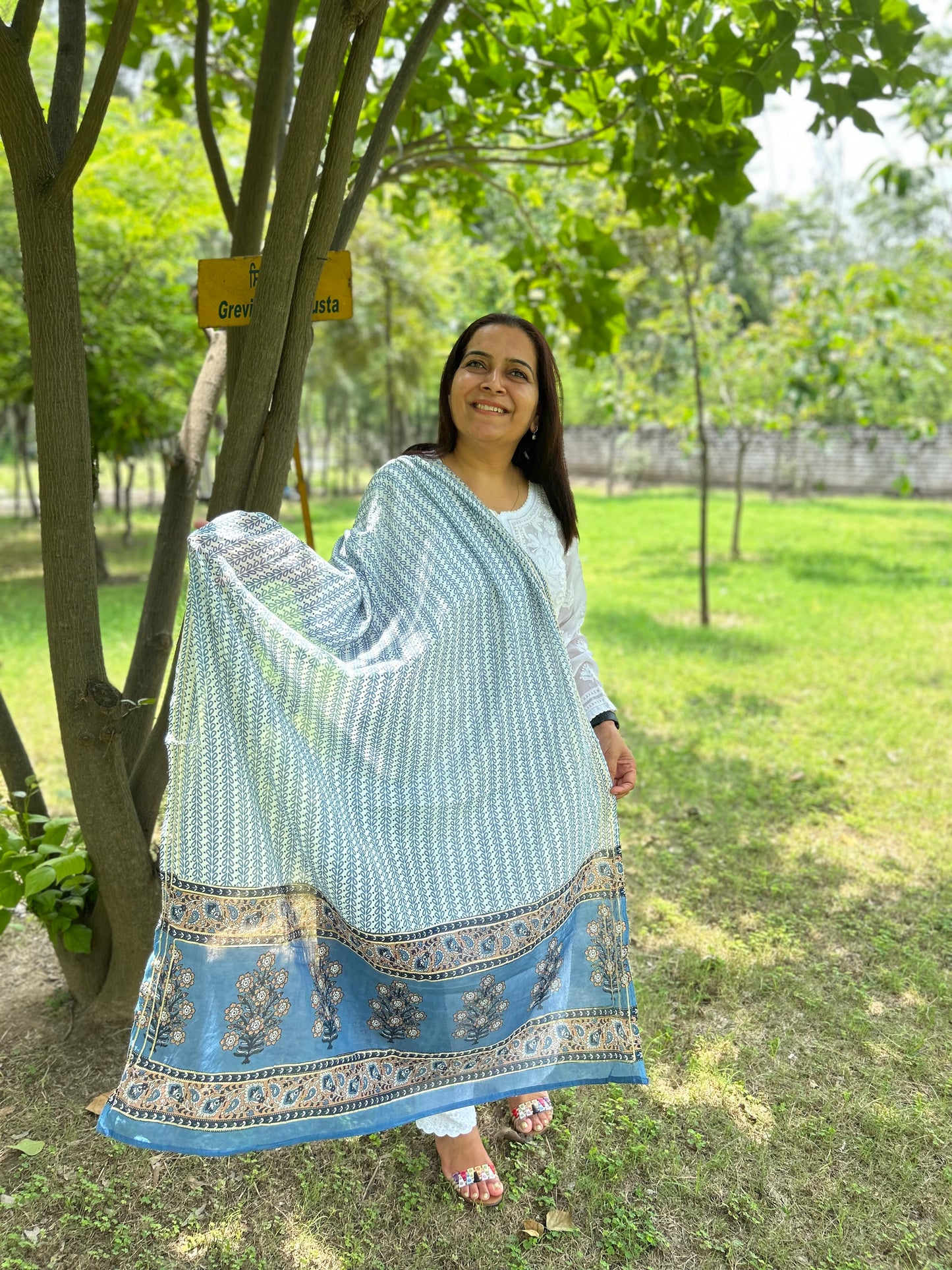 Grey Cotton Block Printed Dupatta