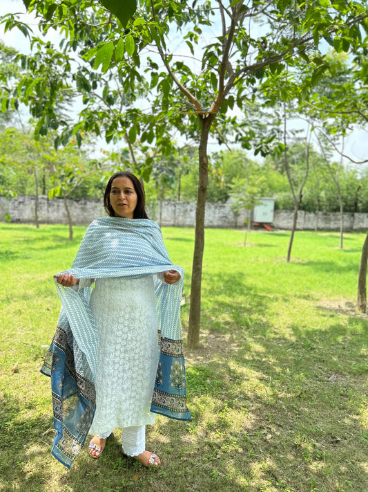 Grey Cotton Block Printed Dupatta