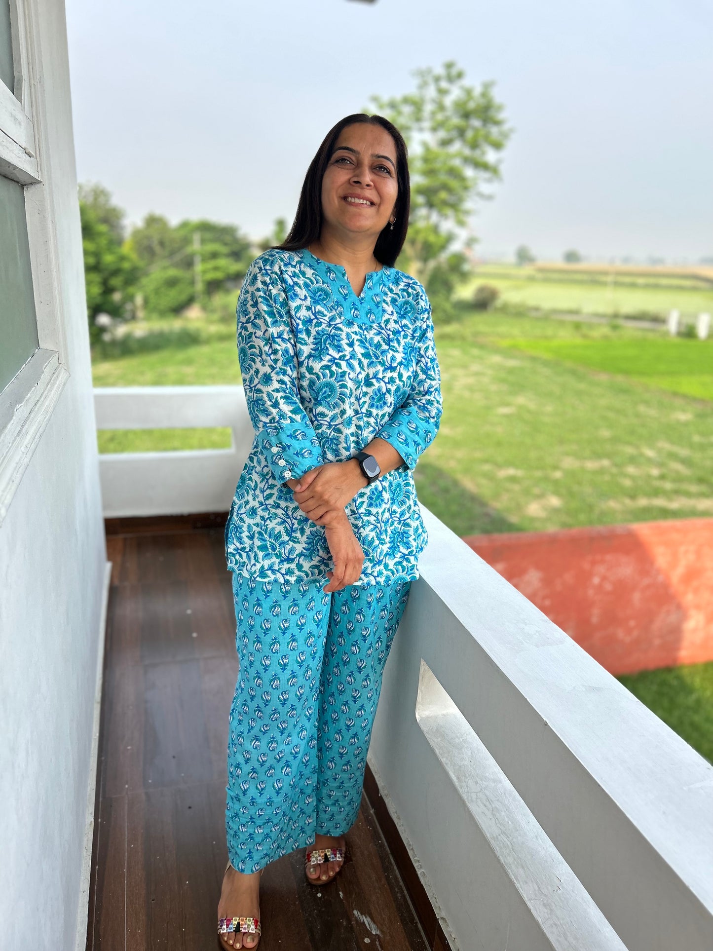 Blue Block Printed Night Suit