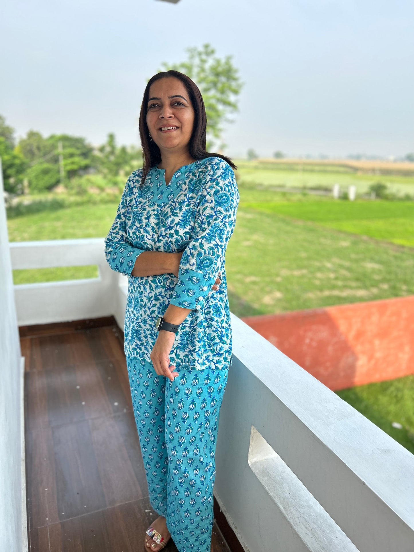 Blue Block Printed Night Suit