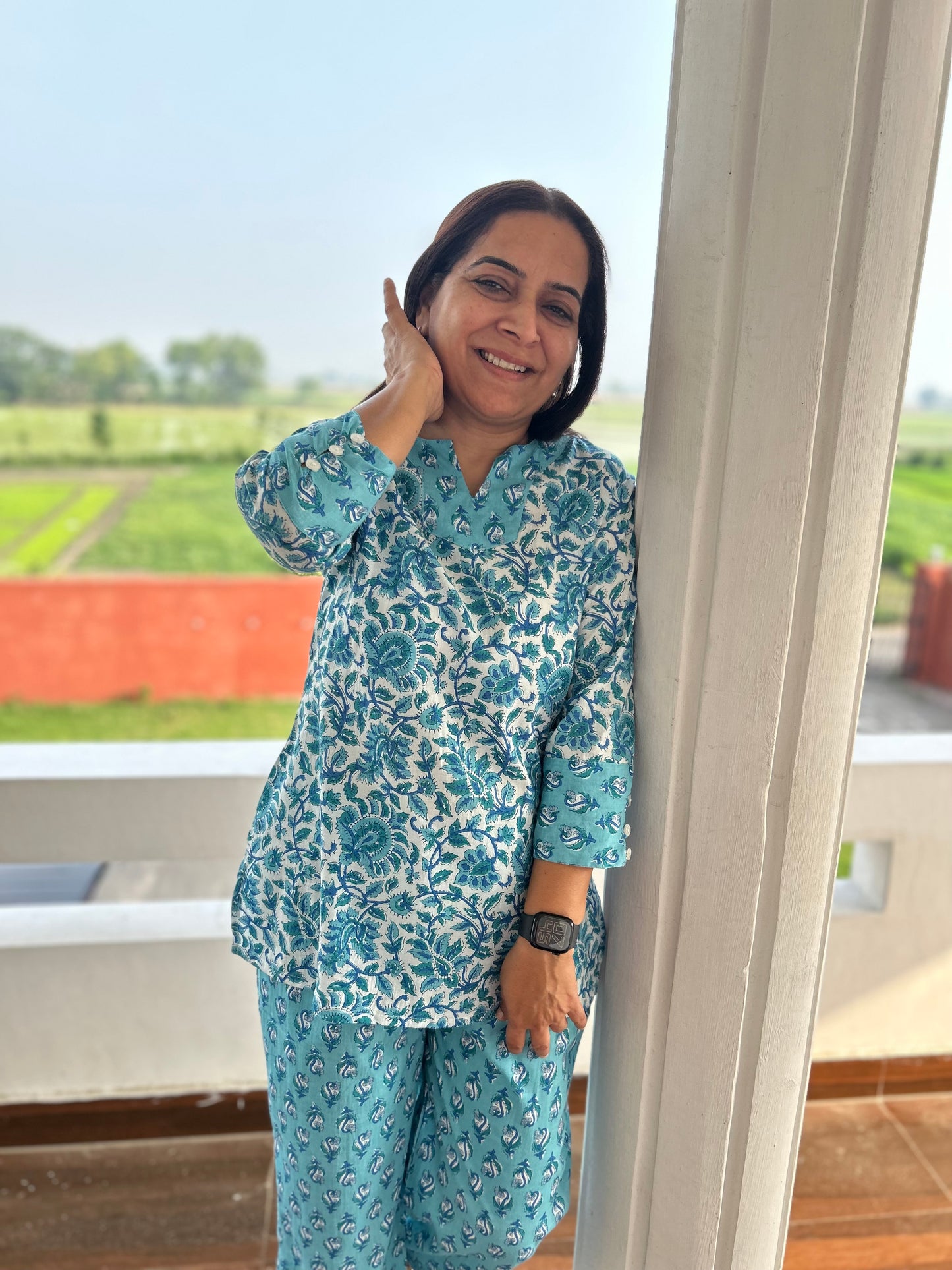 Blue Block Printed Night Suit