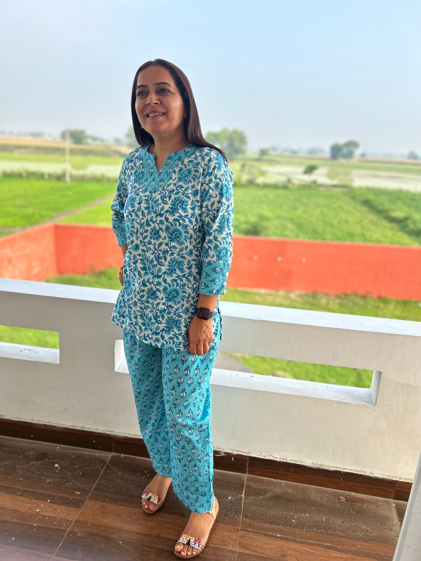 Blue Block Printed Night Suit