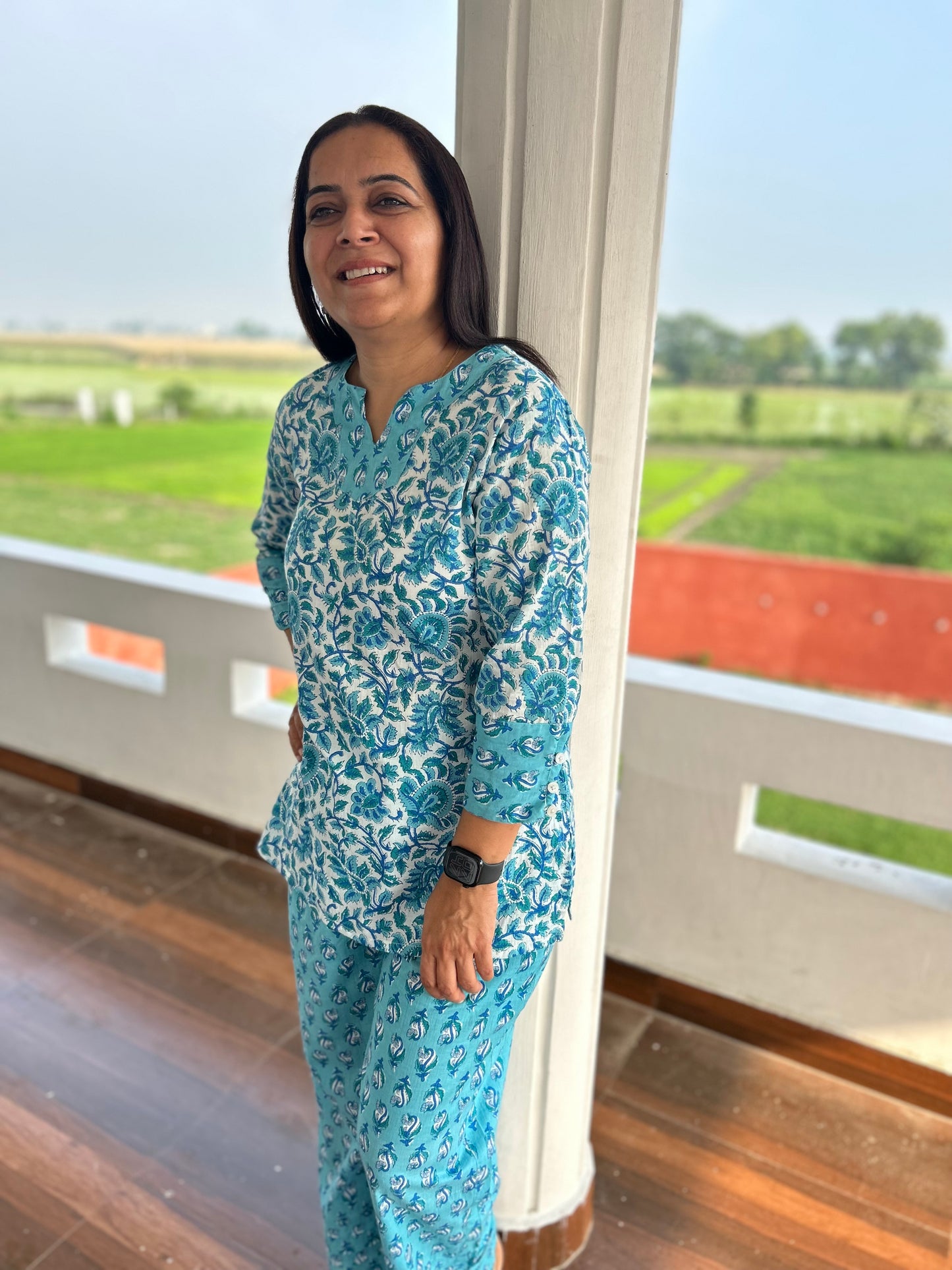 Blue Block Printed Night Suit