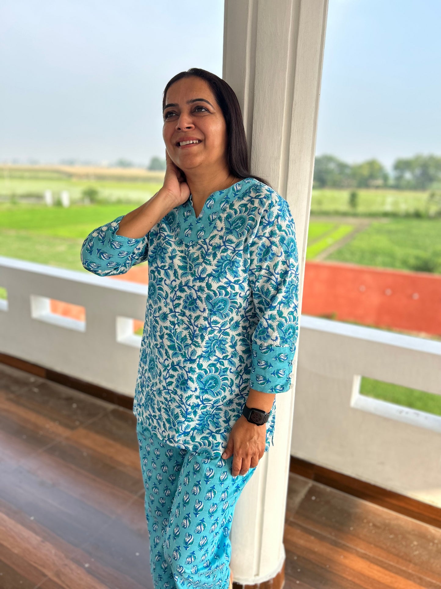 Blue Block Printed Night Suit