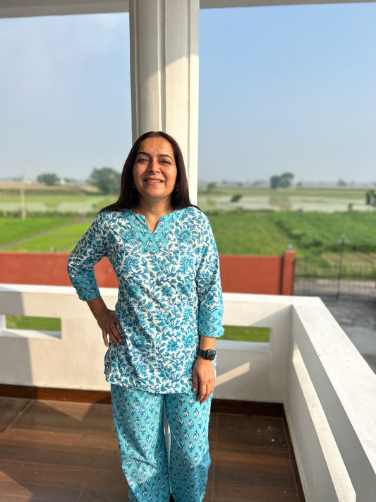 Blue Block Printed Night Suit