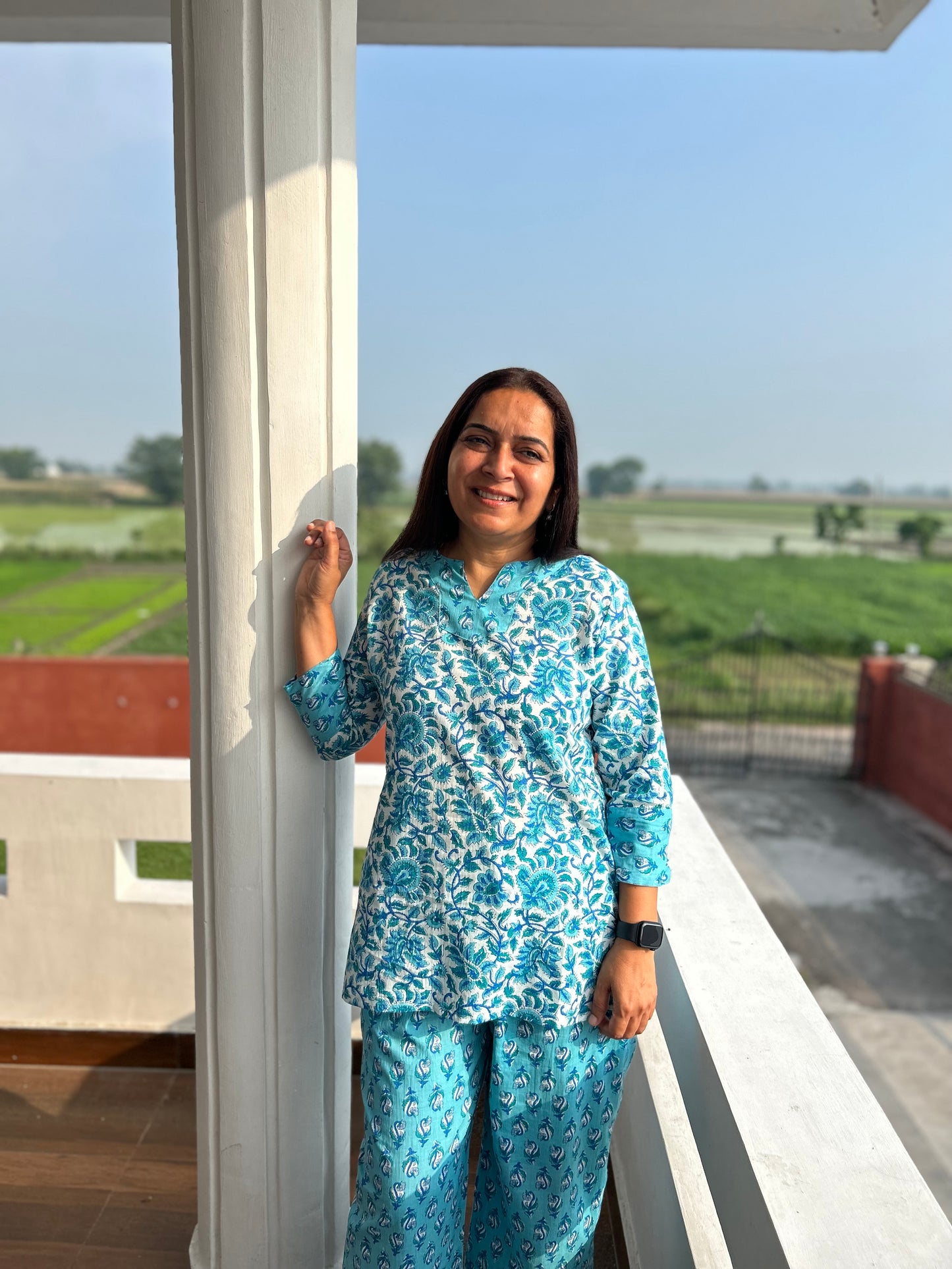 Blue Block Printed Night Suit
