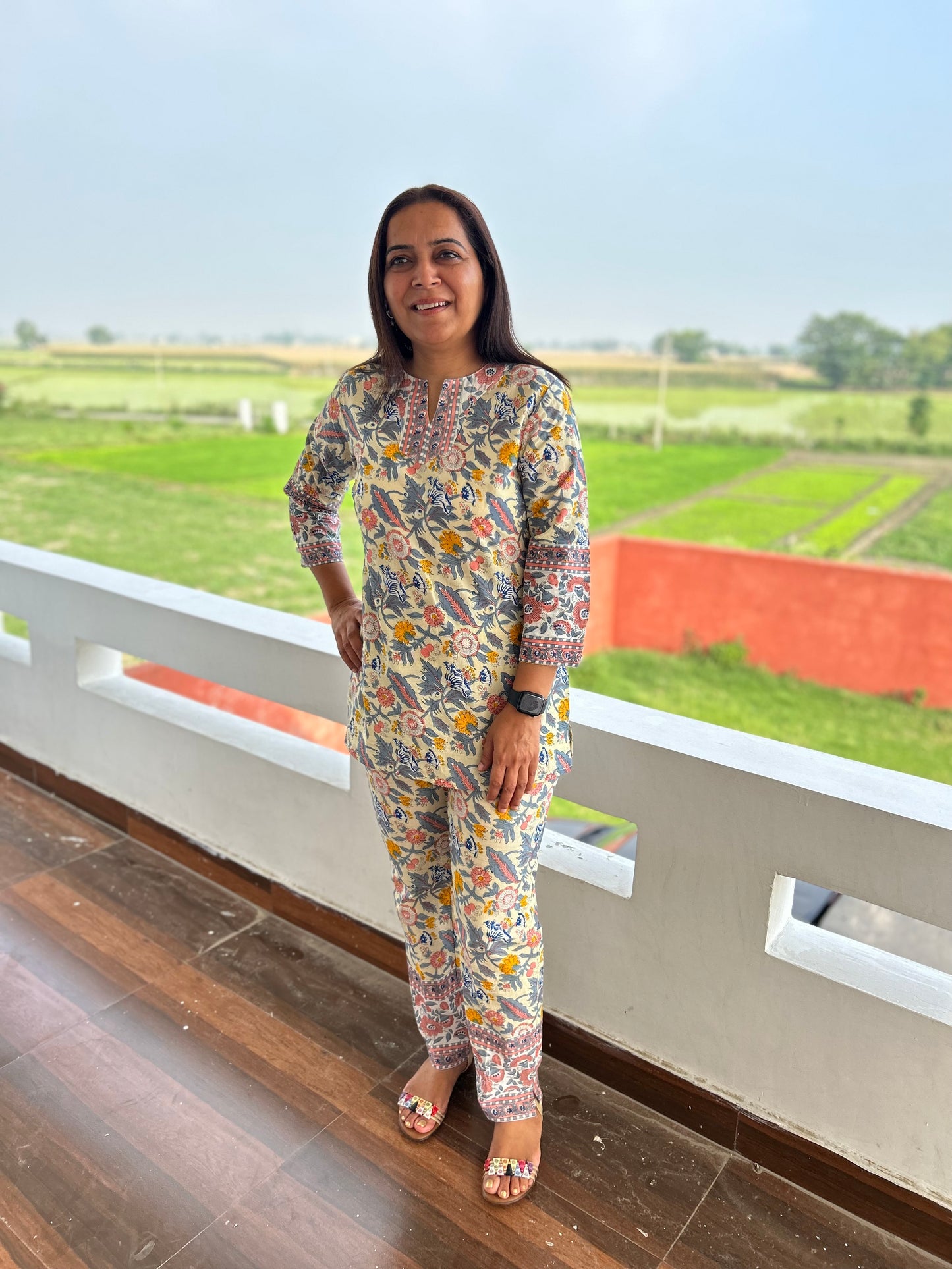 Multi Coloured Hand Block Floral Printed Cotton Night Suit