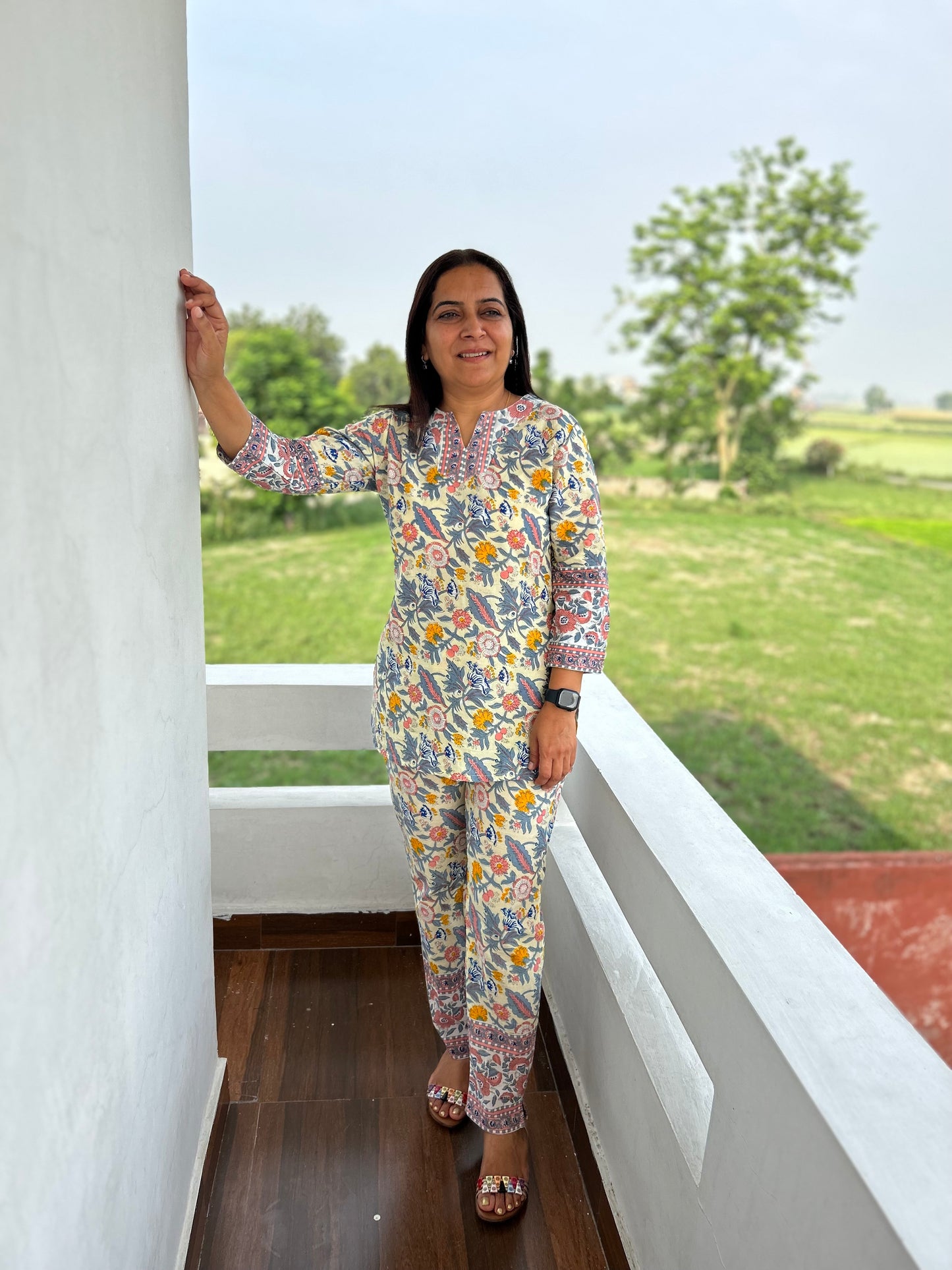 Multi Coloured Hand Block Floral Printed Cotton Night Suit