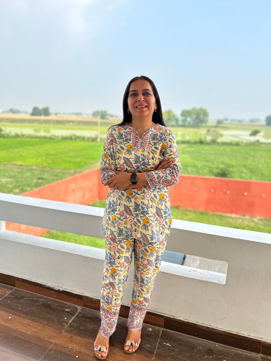 Multi Coloured Hand Block Floral Printed Cotton Night Suit