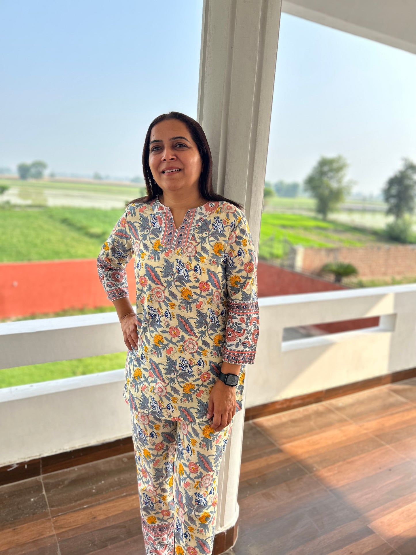 Multi Coloured Hand Block Floral Printed Cotton Night Suit