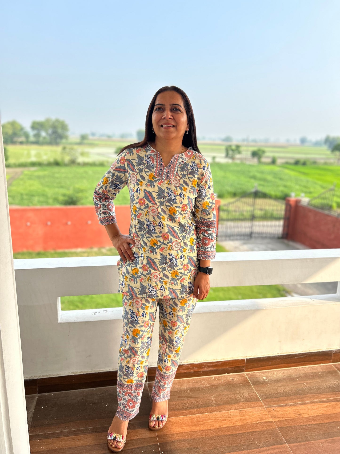 Multi Coloured Hand Block Floral Printed Cotton Night Suit